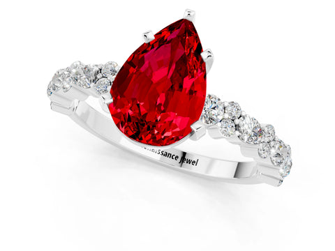 White gold Pear Cut Ruby Solitaire with Side Stones, Pave Band, Four-Prong Setting_25