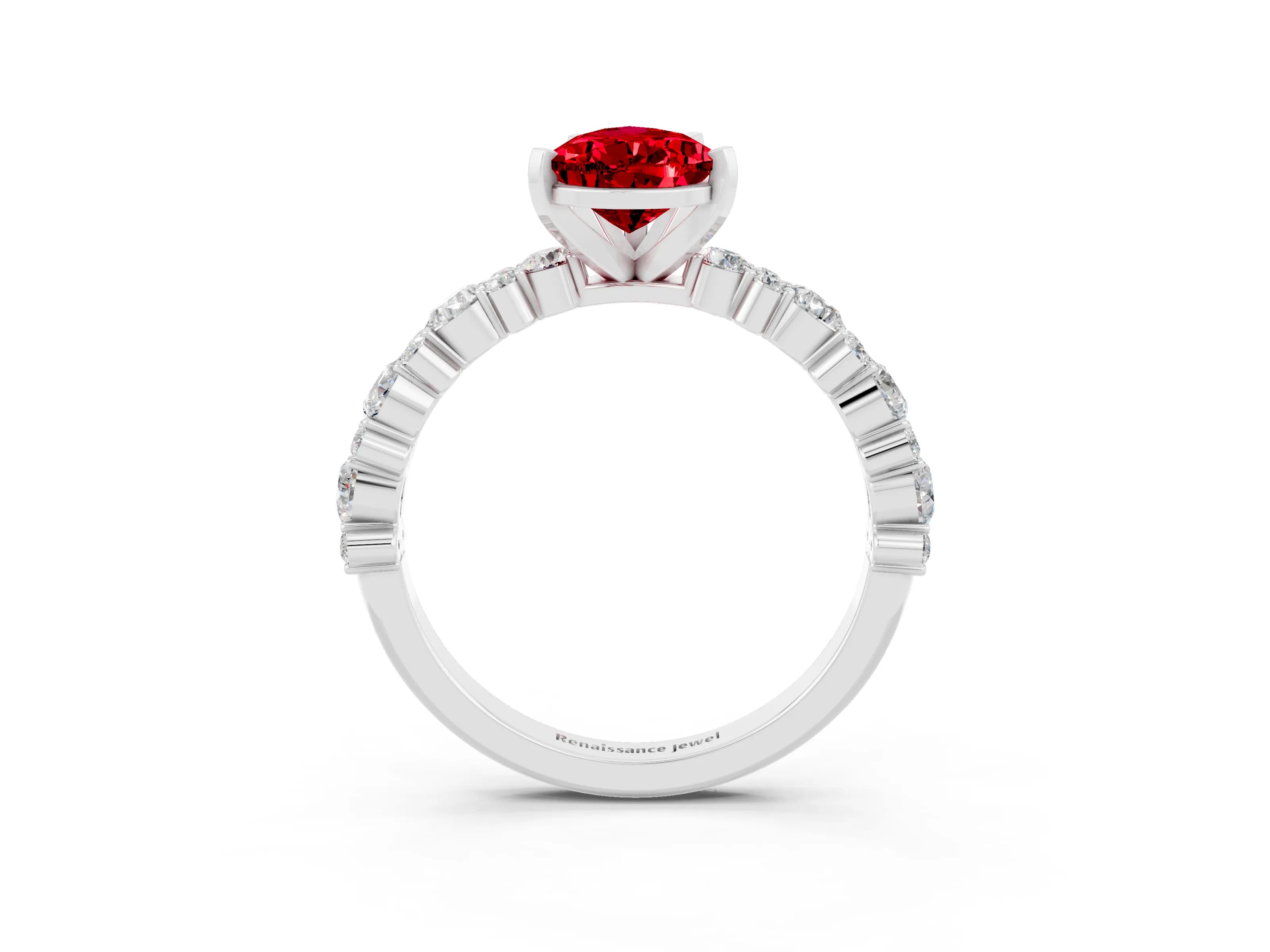White gold Pear Cut Ruby Solitaire with Side Stones, Pave Band, Four-Prong Setting_27