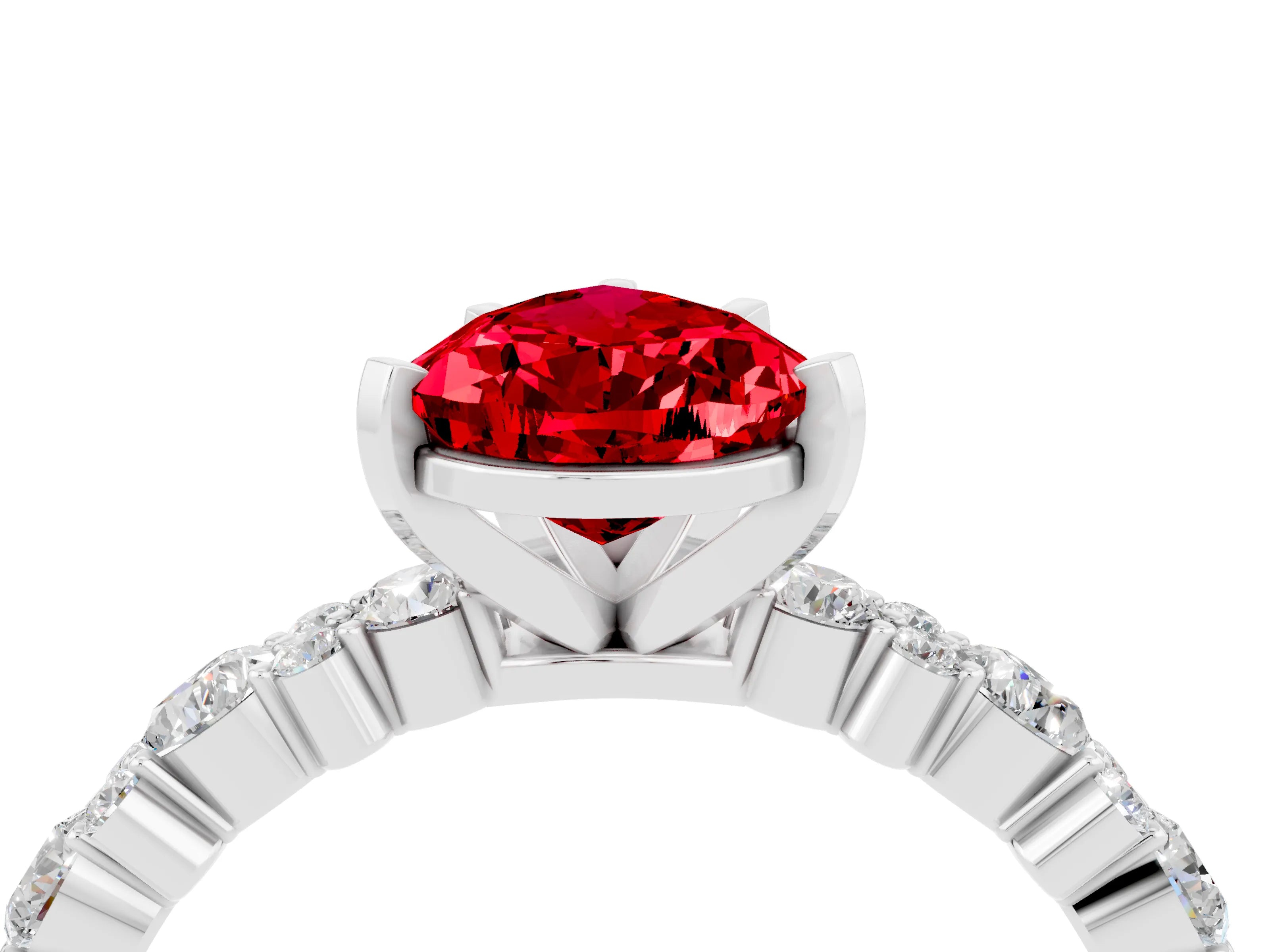 White gold Pear Cut Ruby Solitaire with Side Stones, Pave Band, Four-Prong Setting_28