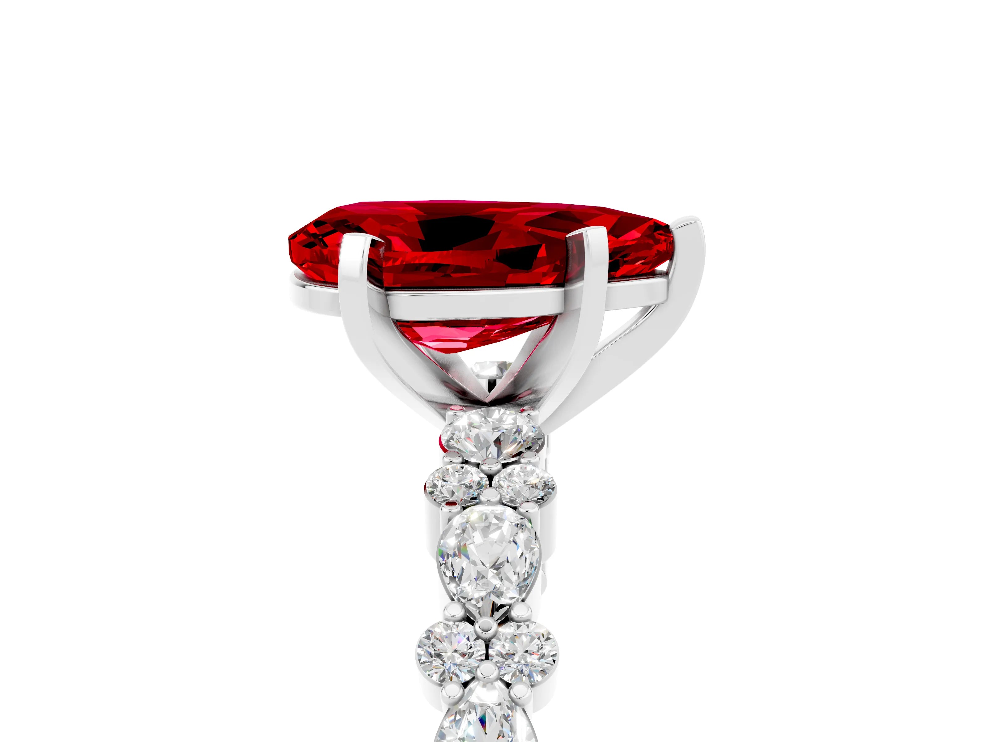 White gold Pear Cut Ruby Solitaire with Side Stones, Pave Band, Four-Prong Setting_29