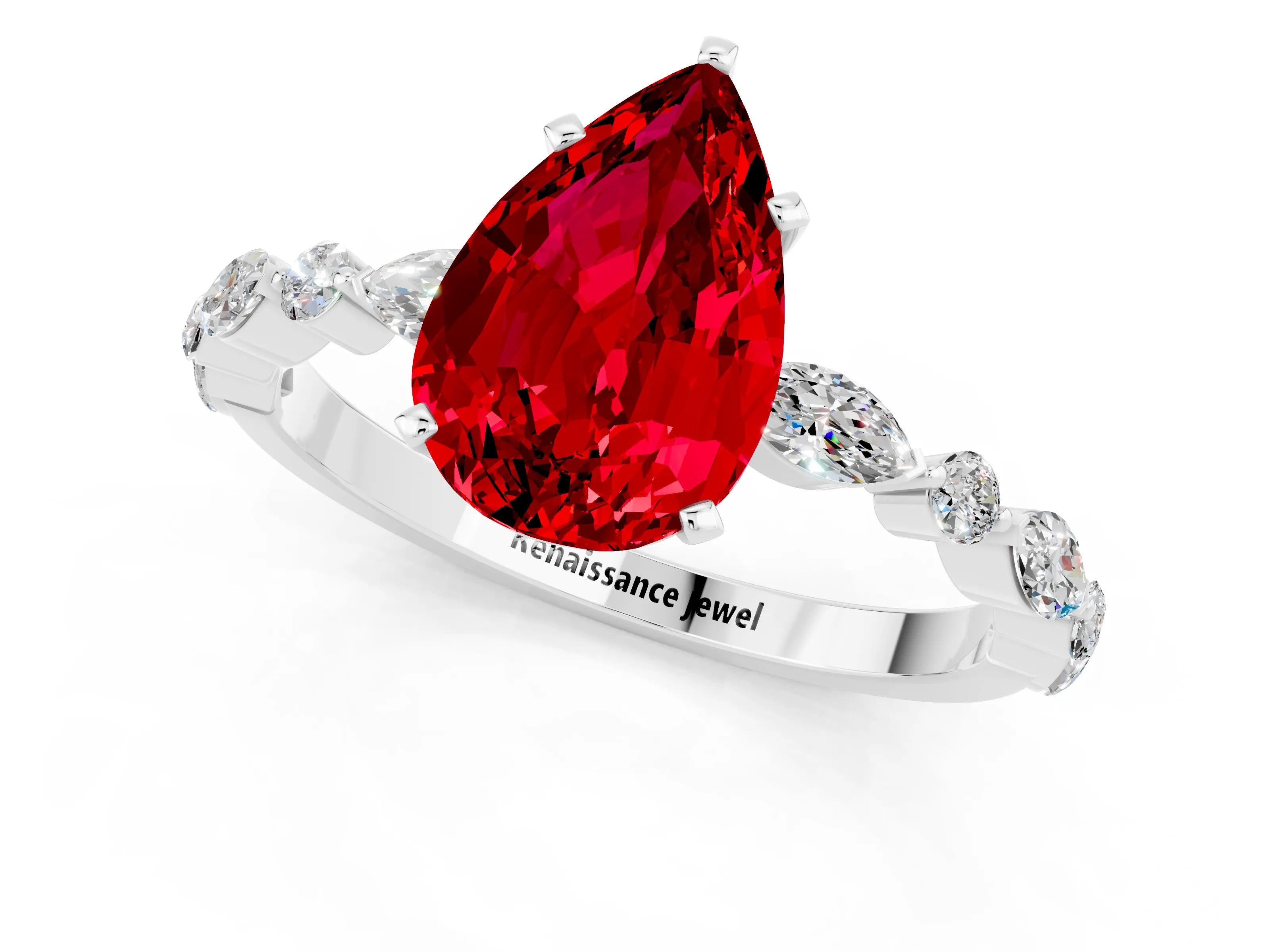White gold Pear Cut Ruby Solitaire with Side Stones on a Pavé Band and Four-Prong Setting_1