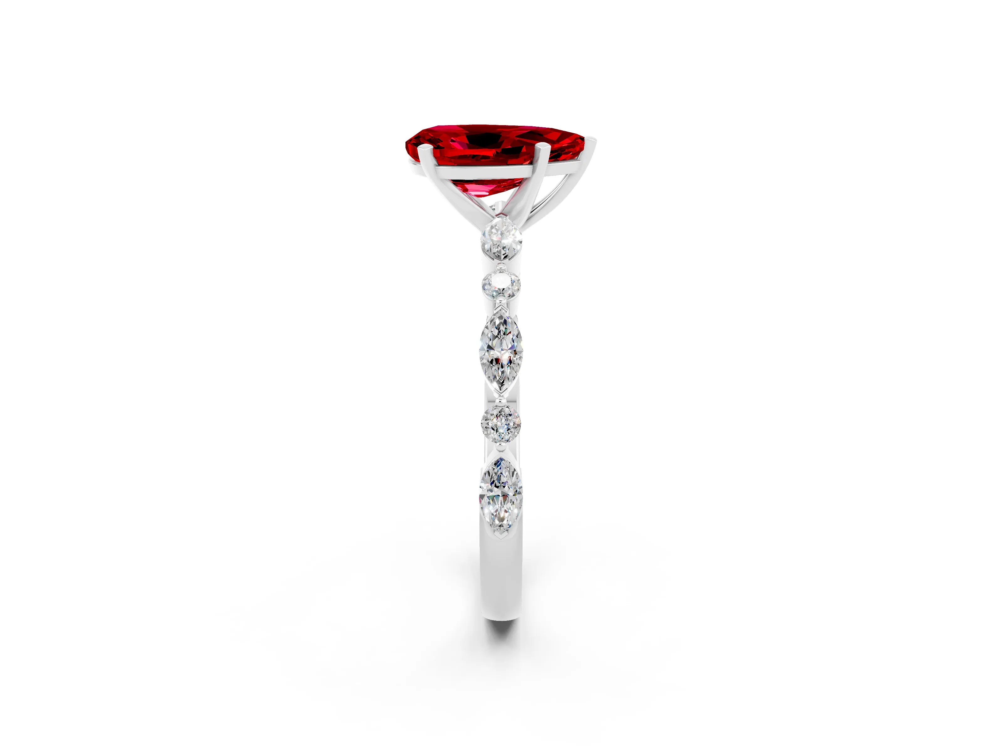 White gold Pear Cut Ruby Solitaire with Side Stones on a Pavé Band and Four-Prong Setting_2