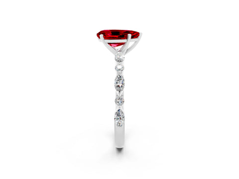White gold Pear Cut Ruby Solitaire with Side Stones on a Pavé Band and Four-Prong Setting_2