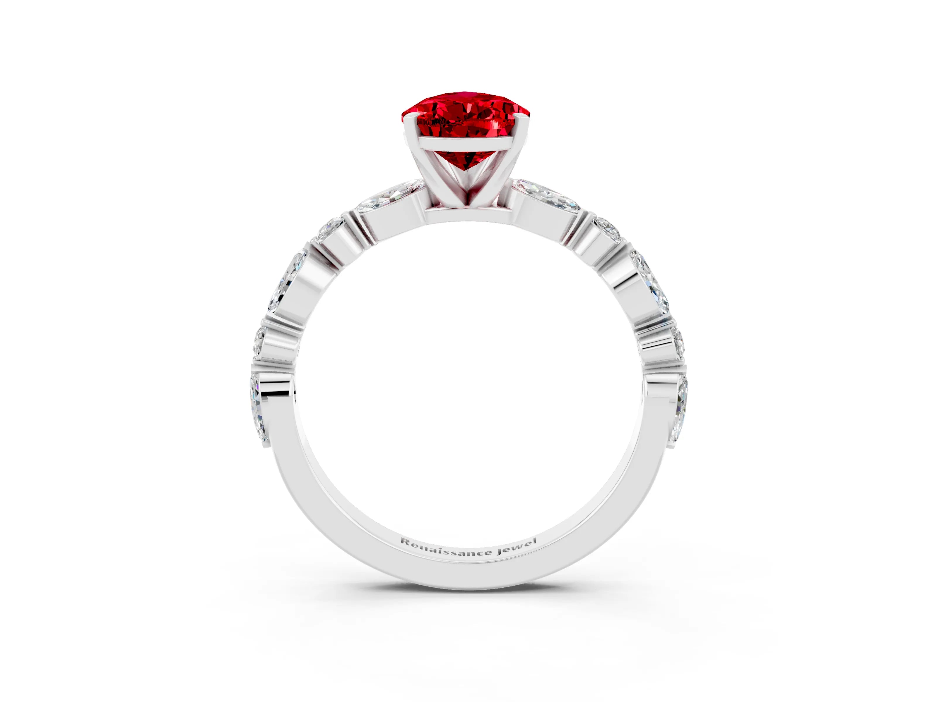 White gold Pear Cut Ruby Solitaire with Side Stones on a Pavé Band and Four-Prong Setting_3