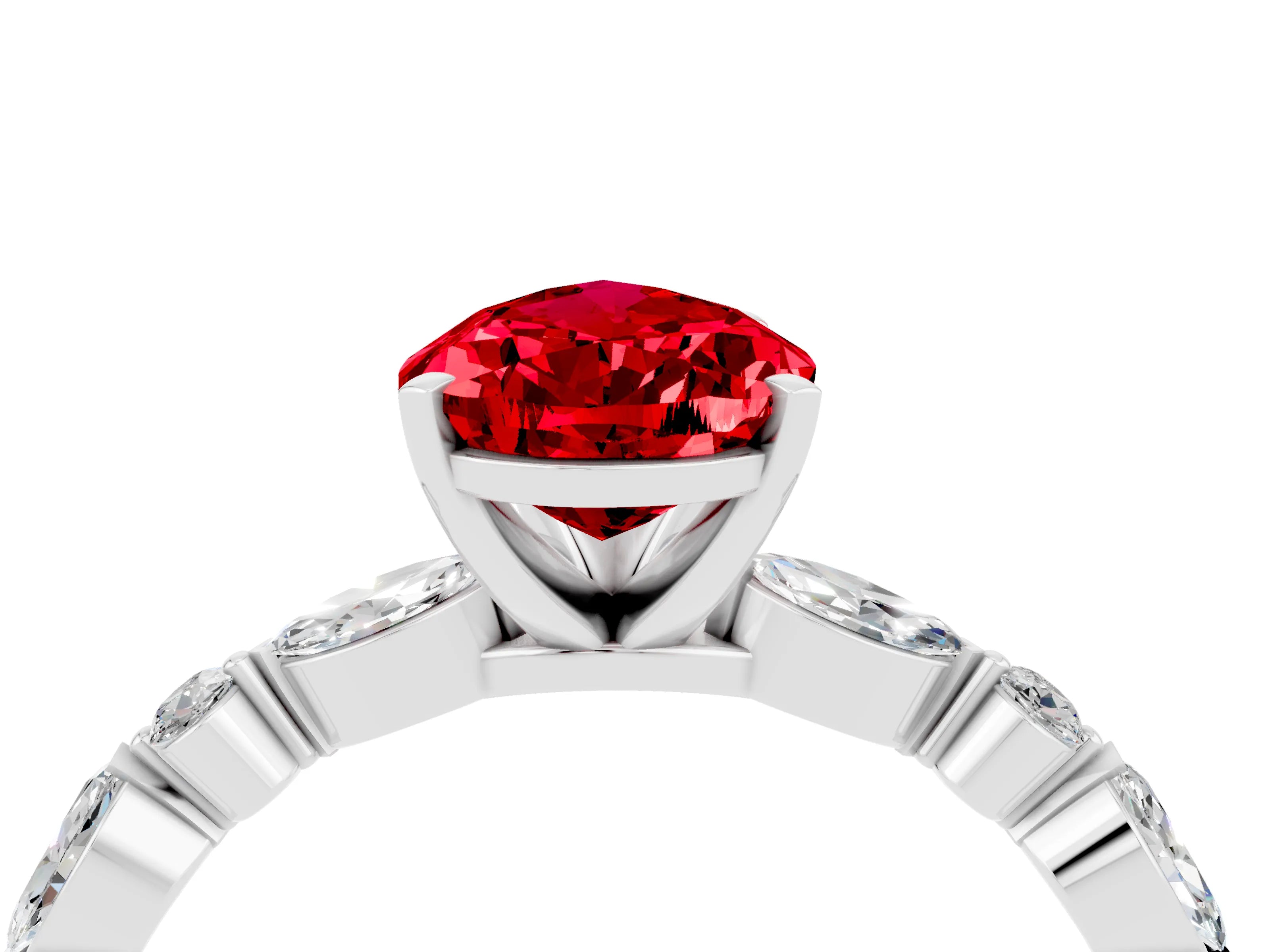 White gold Pear Cut Ruby Solitaire with Side Stones on a Pavé Band and Four-Prong Setting_4