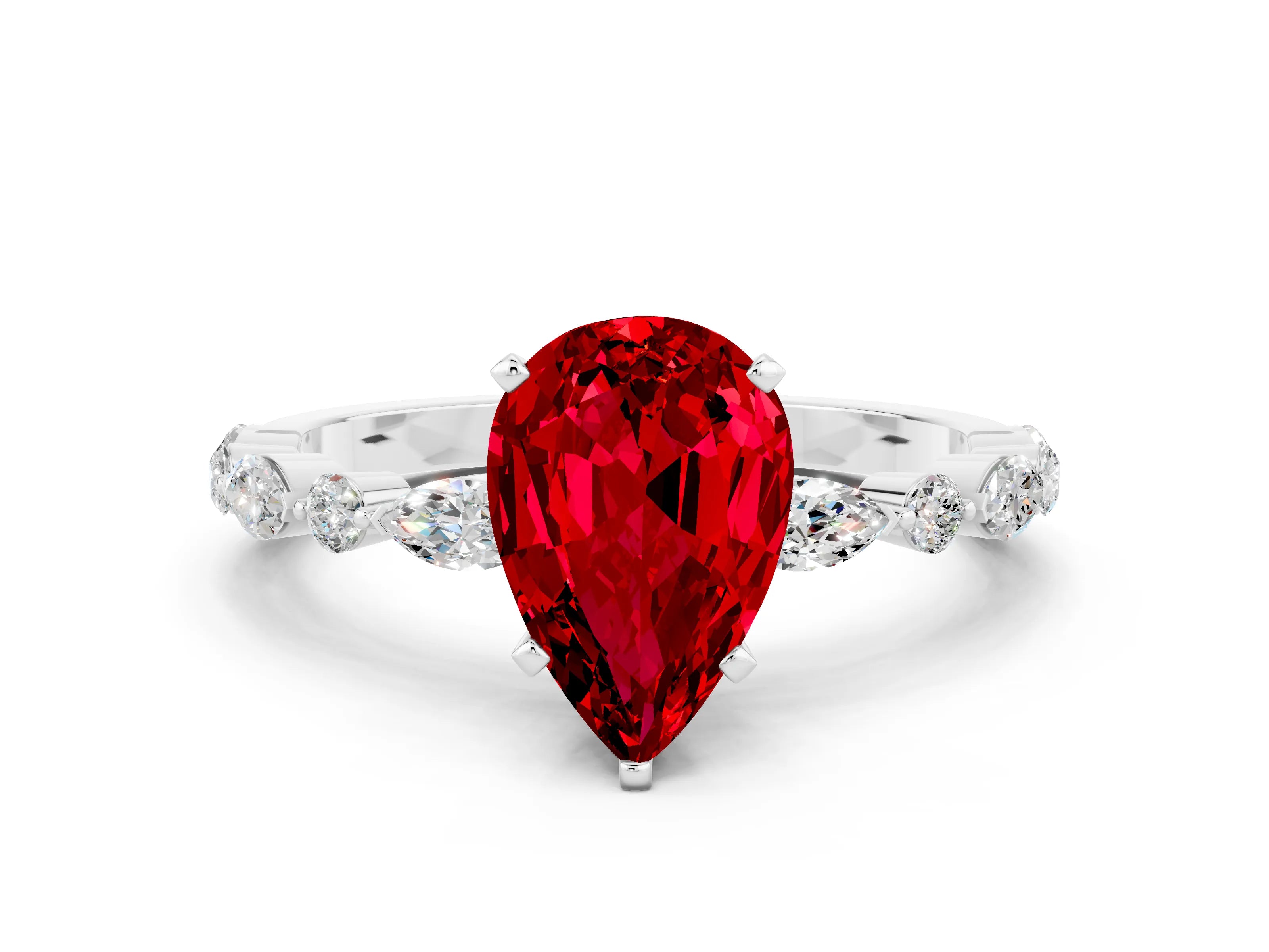 White gold Pear Cut Ruby Solitaire with Side Stones on a Pavé Band and Four-Prong Setting