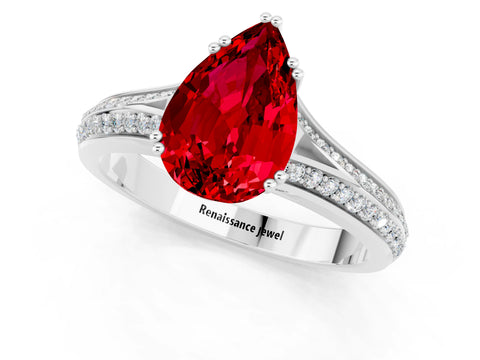 White gold Pear Cut Ruby Split Shank Engagement Ring with Pavé Band_1