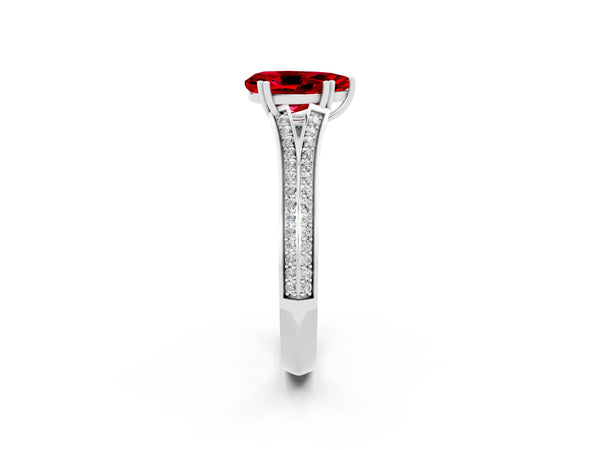 White gold Pear Cut Ruby Split Shank Engagement Ring with Pavé Band