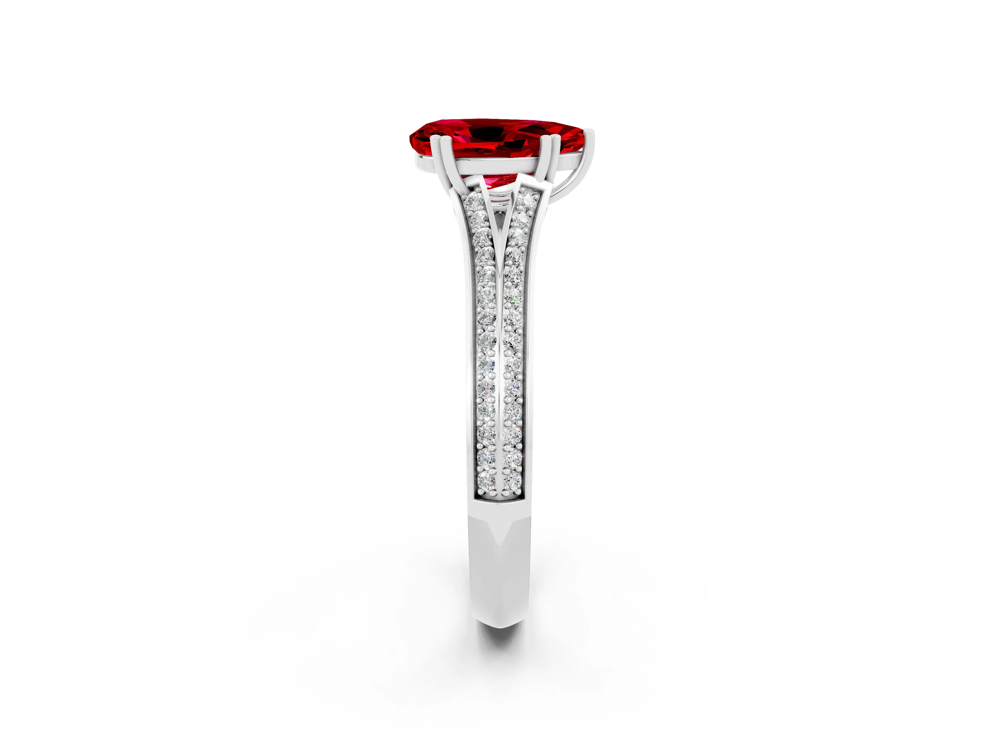 White gold Pear Cut Ruby Split Shank Engagement Ring with Pavé Band_2