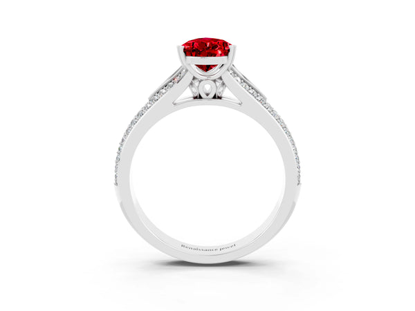 Platinum Pear Cut Ruby Split Shank Engagement Ring with Pavé Band