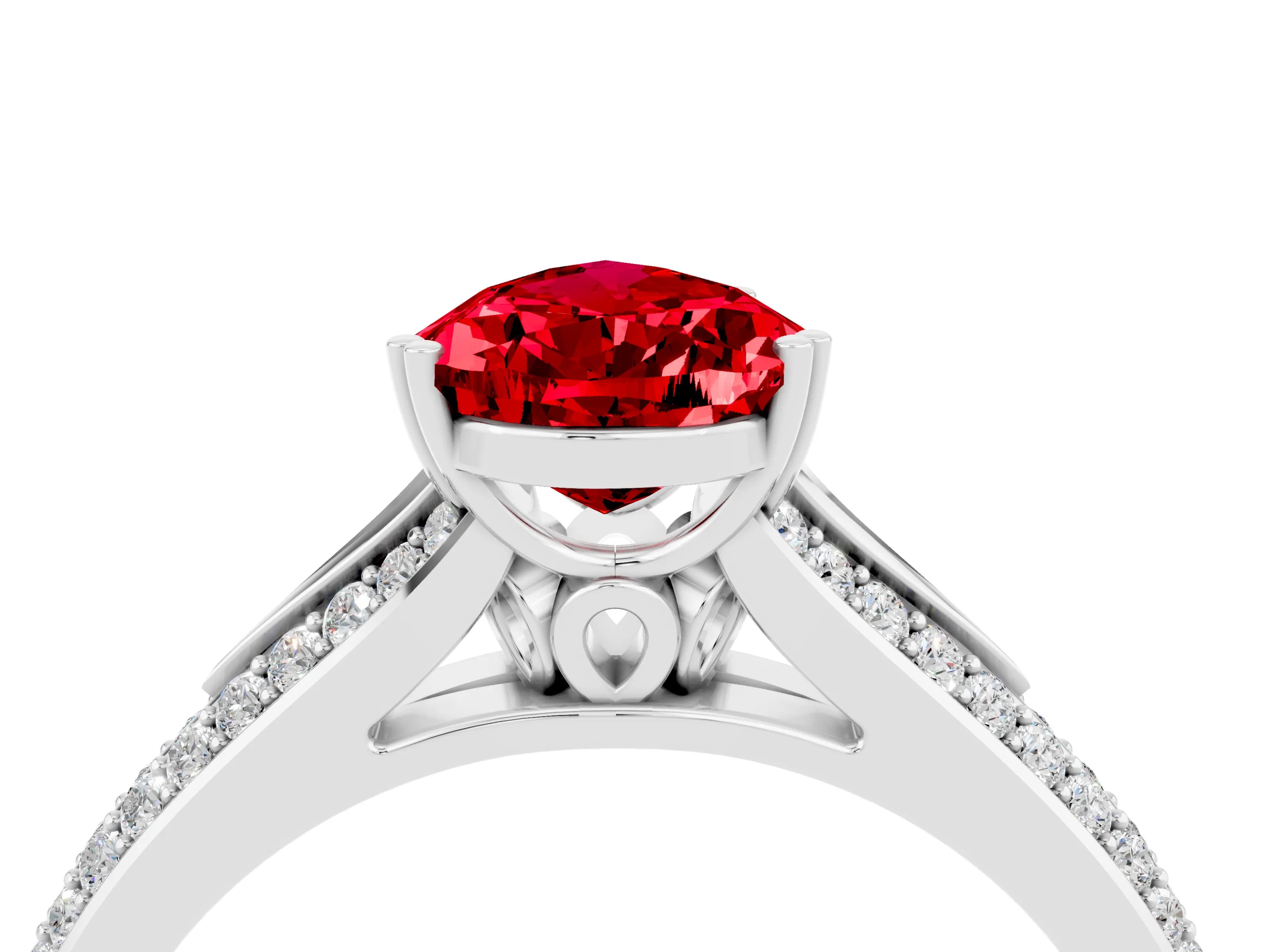 White gold Pear Cut Ruby Split Shank Engagement Ring with Pavé Band_4