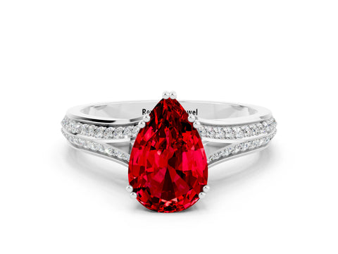 White gold Pear Cut Ruby Split Shank Engagement Ring with Pavé Band