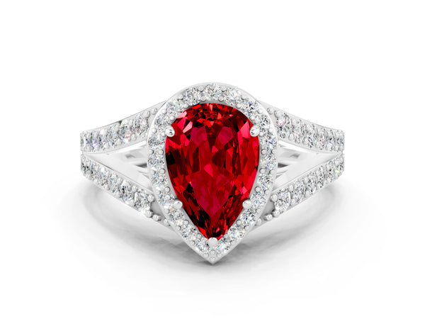 Platinum Pear Cut Ruby Split Shank Halo Ring with Four-Prong Setting