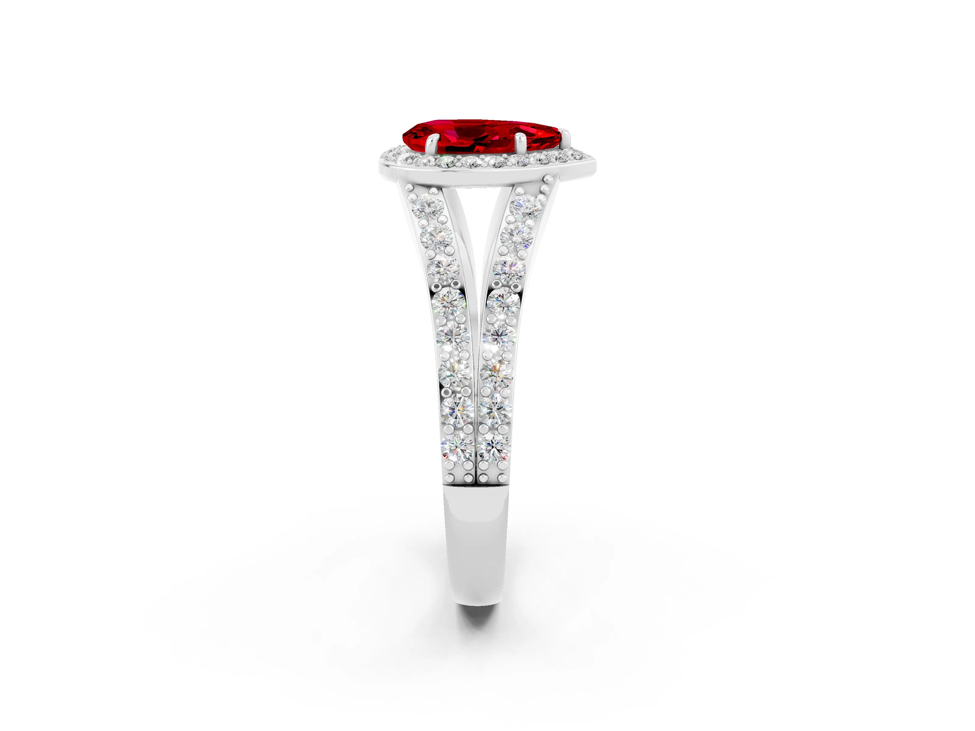 White gold Pear Cut Ruby Split Shank Halo Ring with Four-Prong Setting_14
