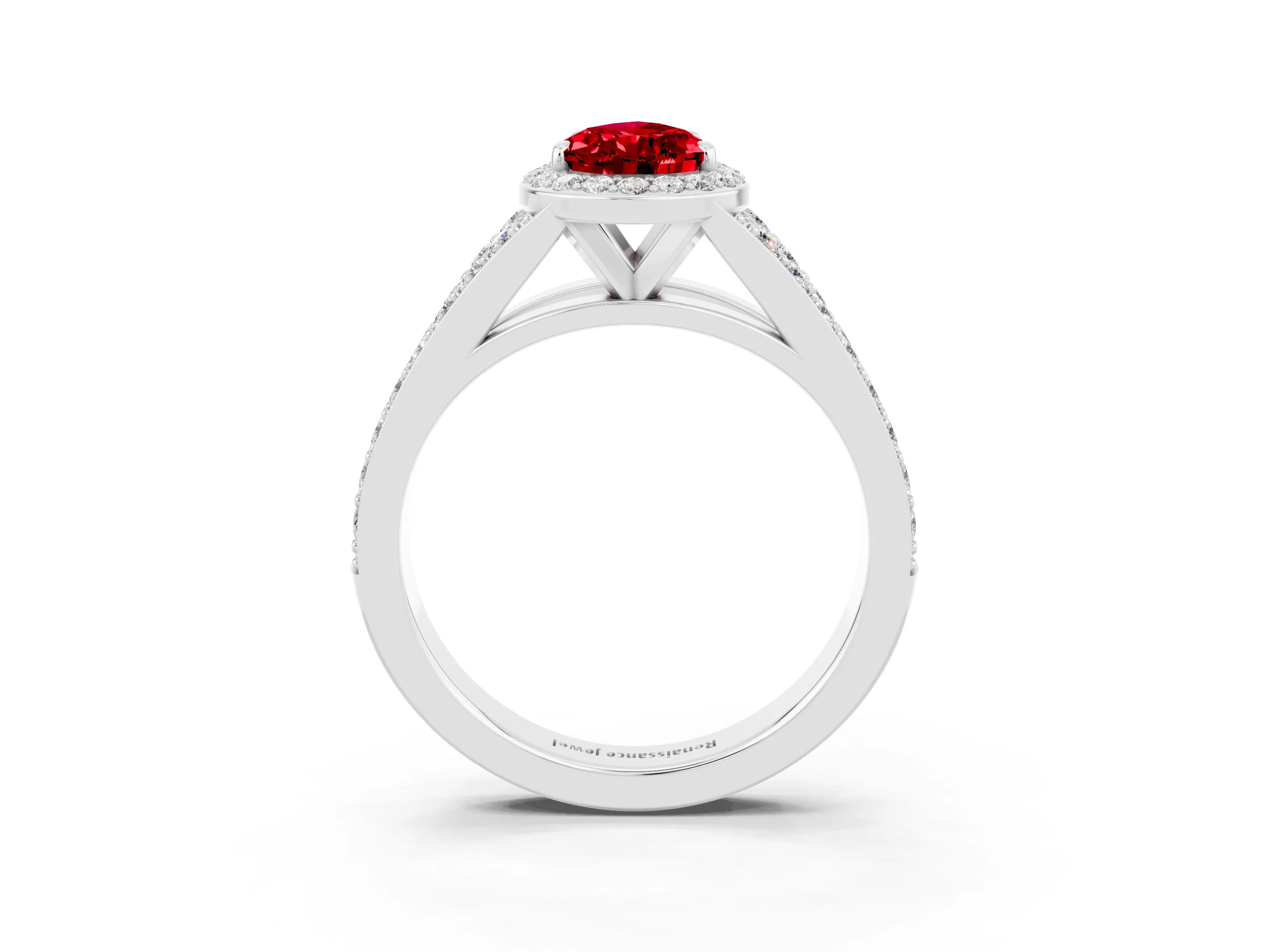 White gold Pear Cut Ruby Split Shank Halo Ring with Four-Prong Setting_15