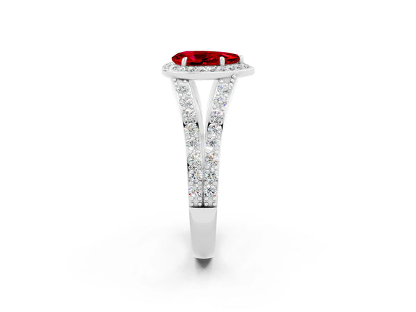 White gold Pear Cut Ruby Split Shank Halo Ring with Four-Prong Setting