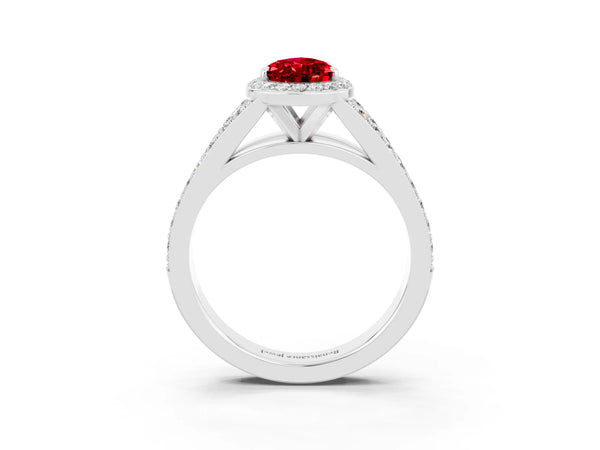 White gold Pear Cut Ruby Split Shank Halo Ring with Four-Prong Setting