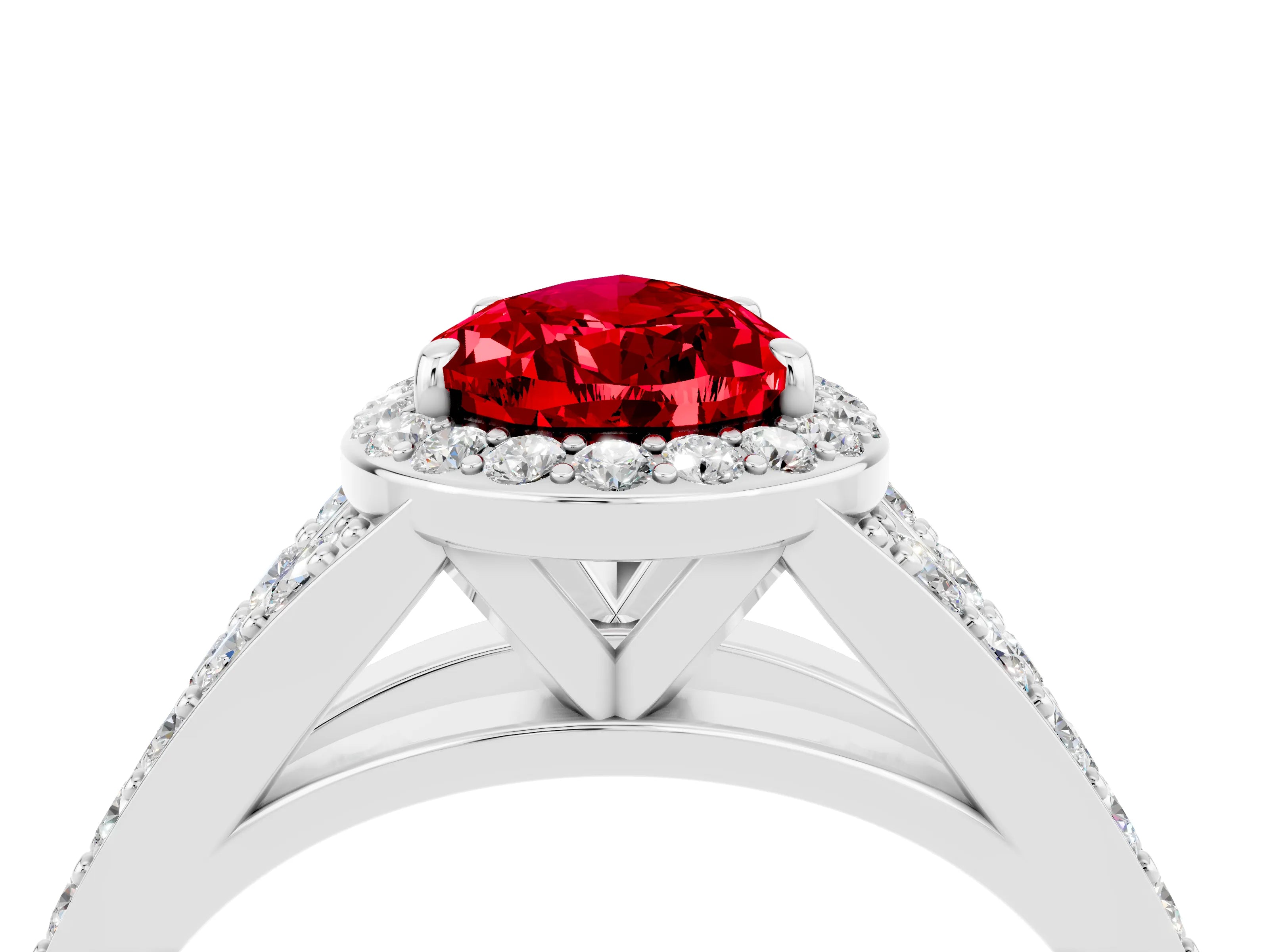 White gold Pear Cut Ruby Split Shank Halo Ring with Four-Prong Setting_28
