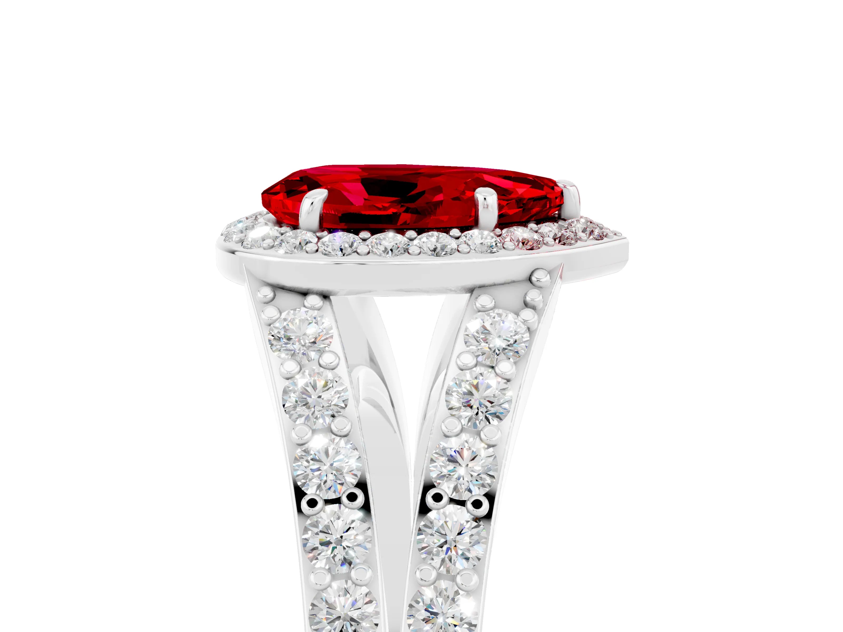 White gold Pear Cut Ruby Split Shank Halo Ring with Four-Prong Setting_29