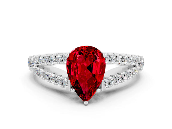 White gold Pear Cut Ruby Split Shank Pavé Engagement Ring with Four-Prong Setting