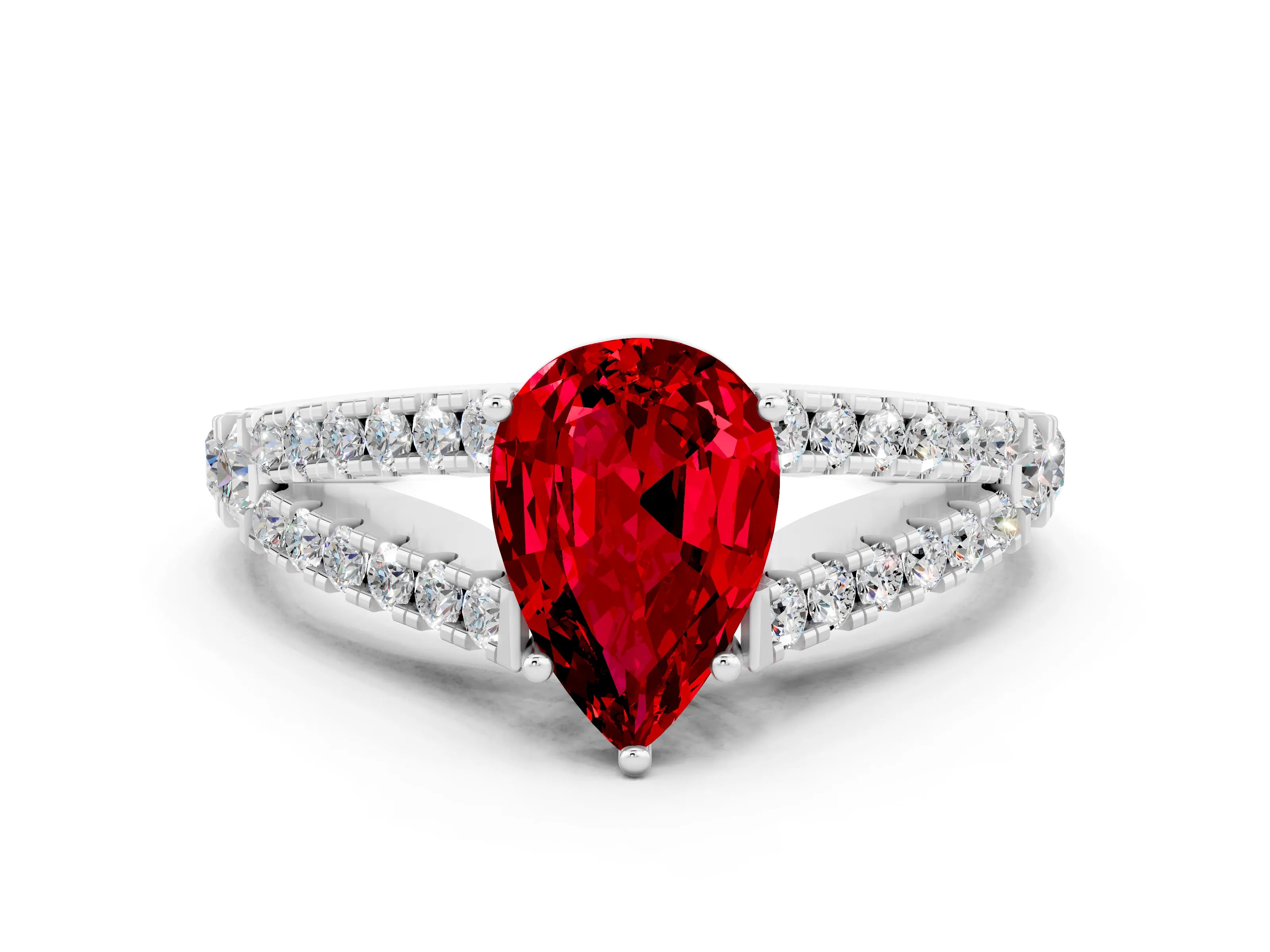 White gold Pear Cut Ruby Split Shank Pavé Engagement Ring with Four-Prong Setting_12