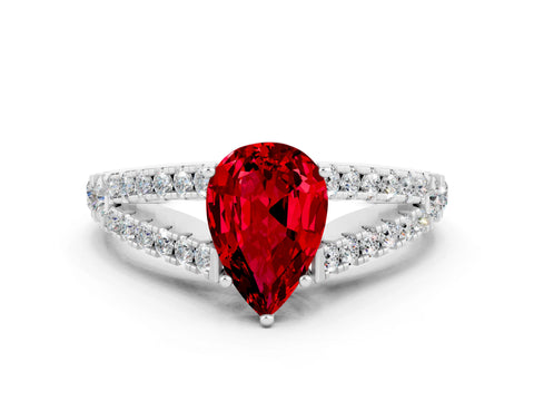 White gold Pear Cut Ruby Split Shank Pavé Engagement Ring with Four-Prong Setting_12