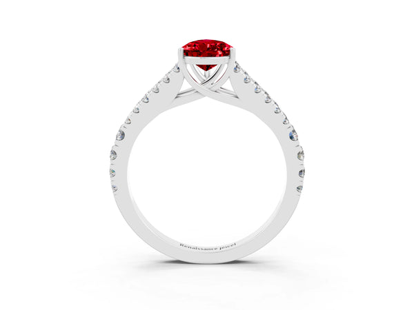 Platinum Pear Cut Ruby Split Shank Pavé Engagement Ring with Four-Prong Setting