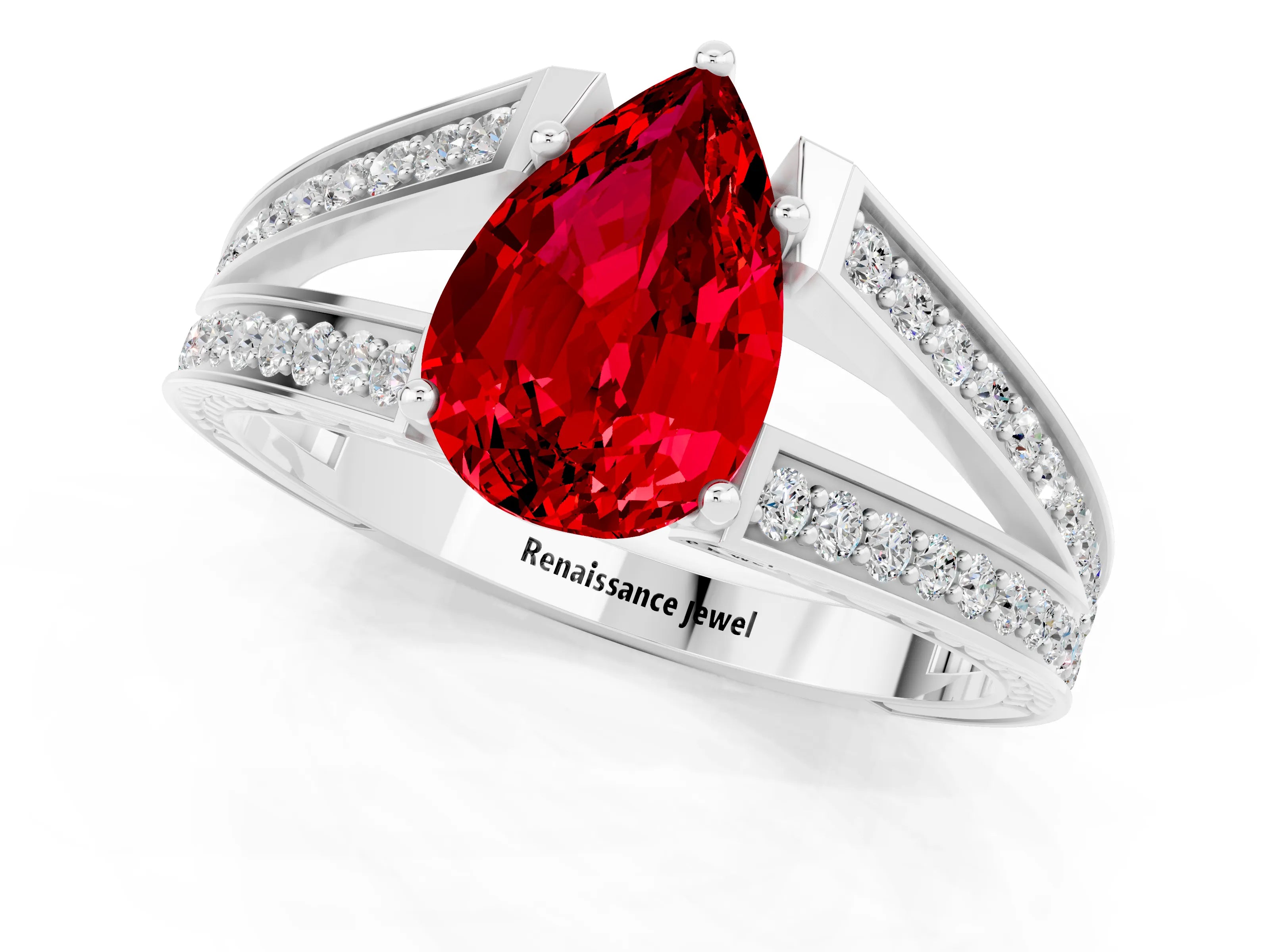 White gold Pear Cut Ruby Split Shank Ring with Pavé Band and Four-Prong Setting_1