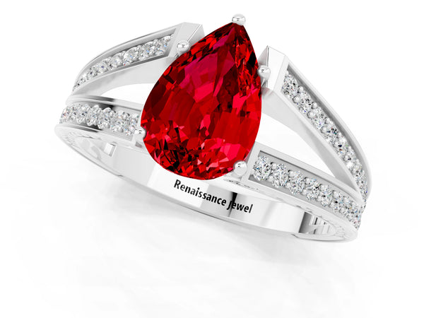 Platinum Pear Cut Ruby Split Shank Ring with Pavé Band and Four-Prong Setting