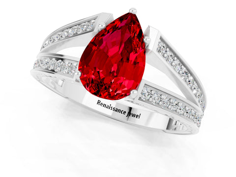 White gold Pear Cut Ruby Split Shank Ring with Pavé Band and Four-Prong Setting_1
