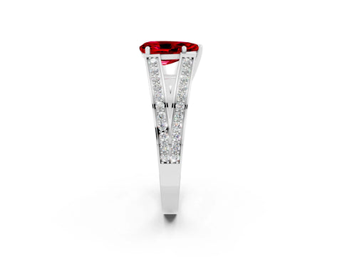 White gold Pear Cut Ruby Split Shank Ring with Pavé Band and Four-Prong Setting_2