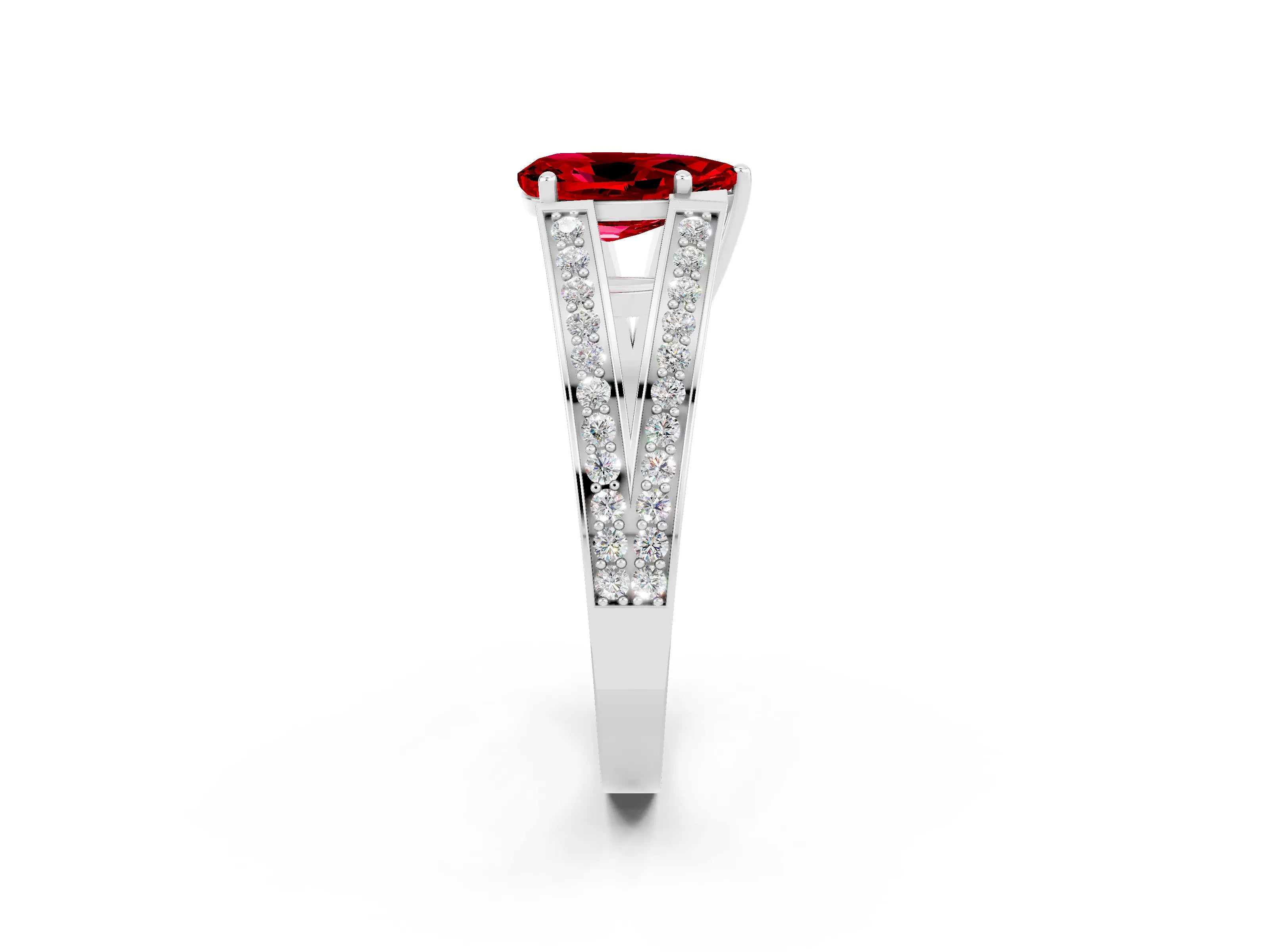White gold Pear Cut Ruby Split Shank Ring with Pavé Band and Four-Prong Setting_2