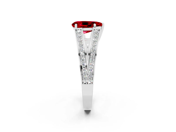 Silver Pear Cut Ruby Split Shank Ring with Pavé Band and Four-Prong Setting