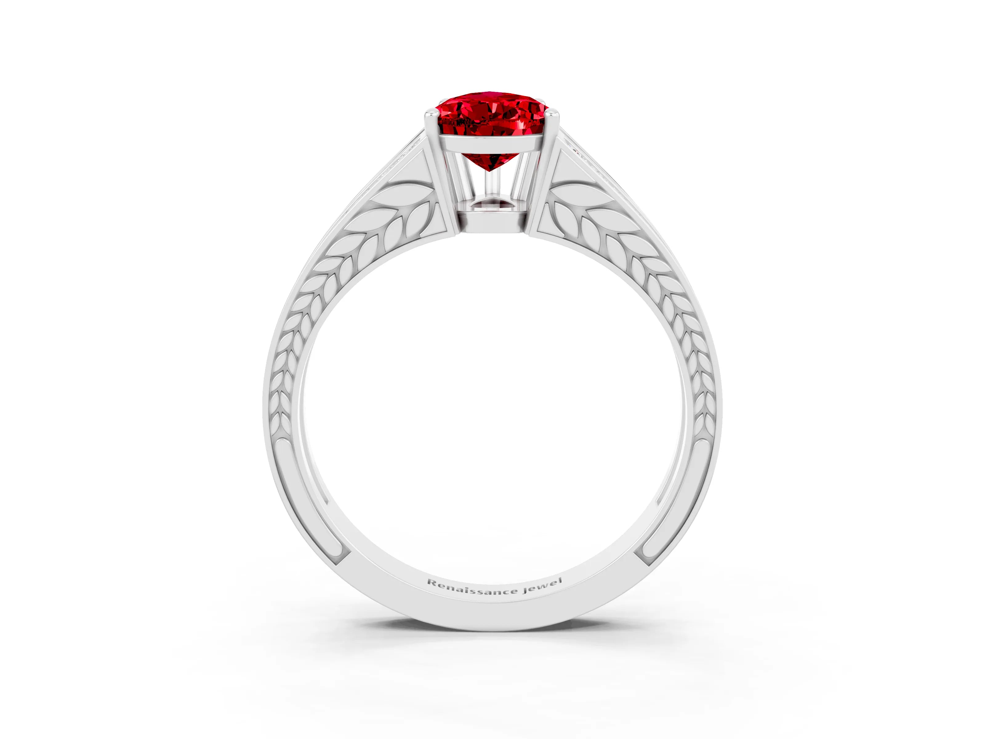 White gold Pear Cut Ruby Split Shank Ring with Pavé Band and Four-Prong Setting_3