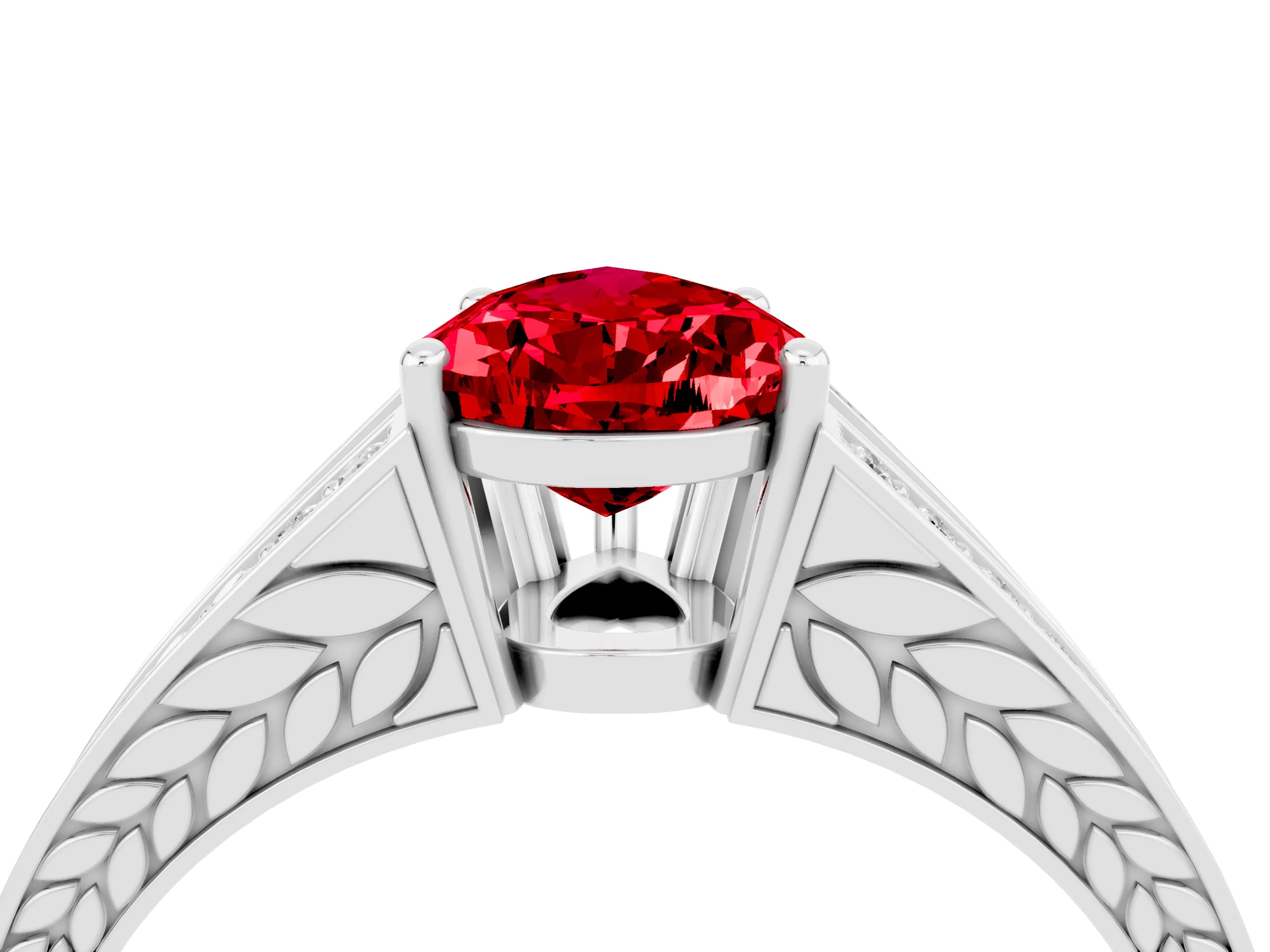 White gold Pear Cut Ruby Split Shank Ring with Pavé Band and Four-Prong Setting_4