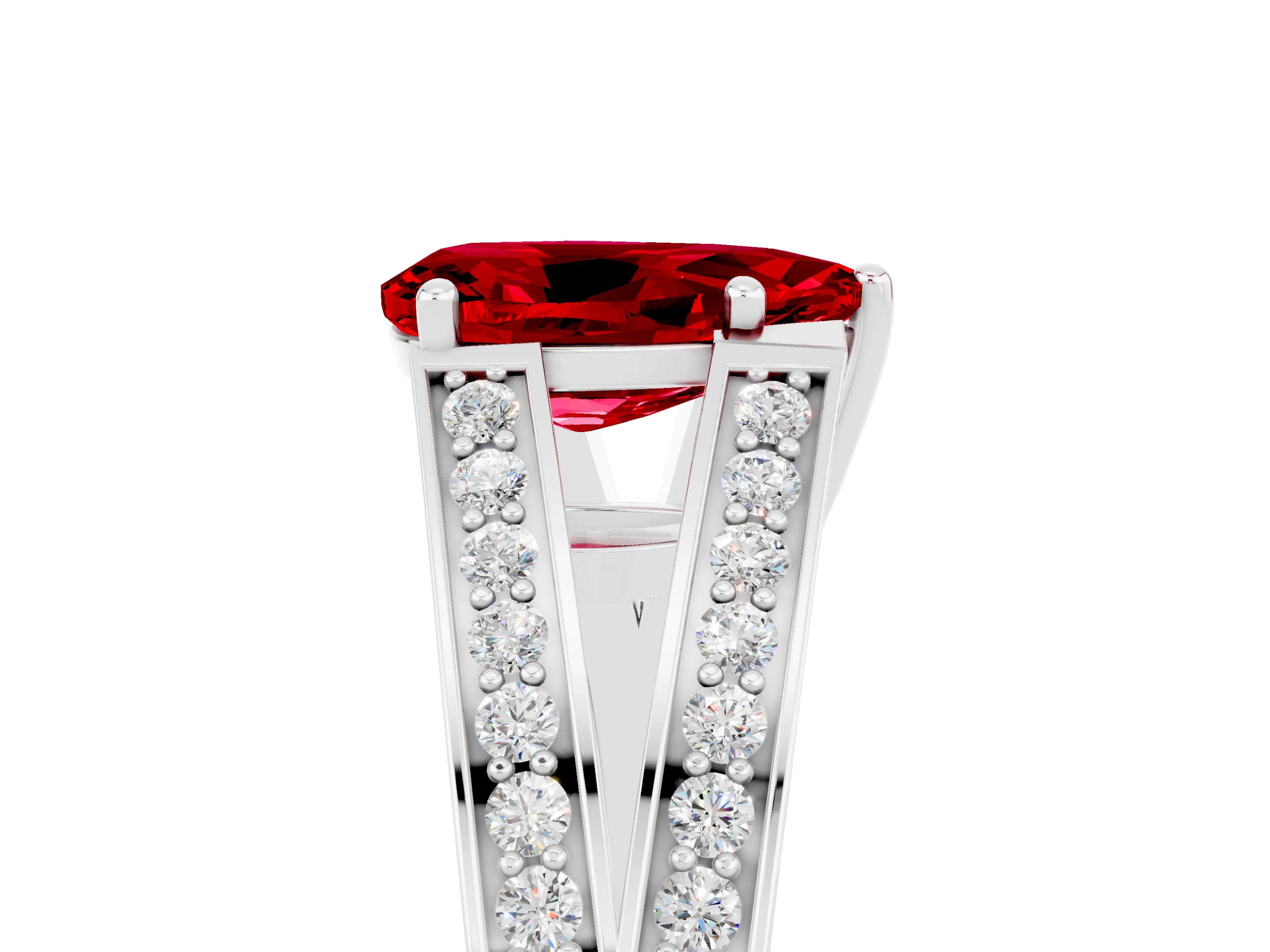 White gold Pear Cut Ruby Split Shank Ring with Pavé Band and Four-Prong Setting_5