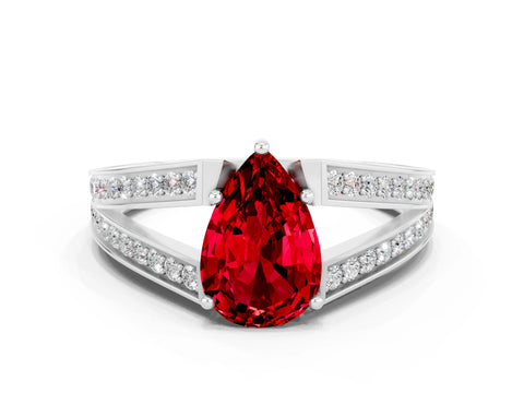 White gold Pear Cut Ruby Split Shank Ring with Pavé Band and Four-Prong Setting