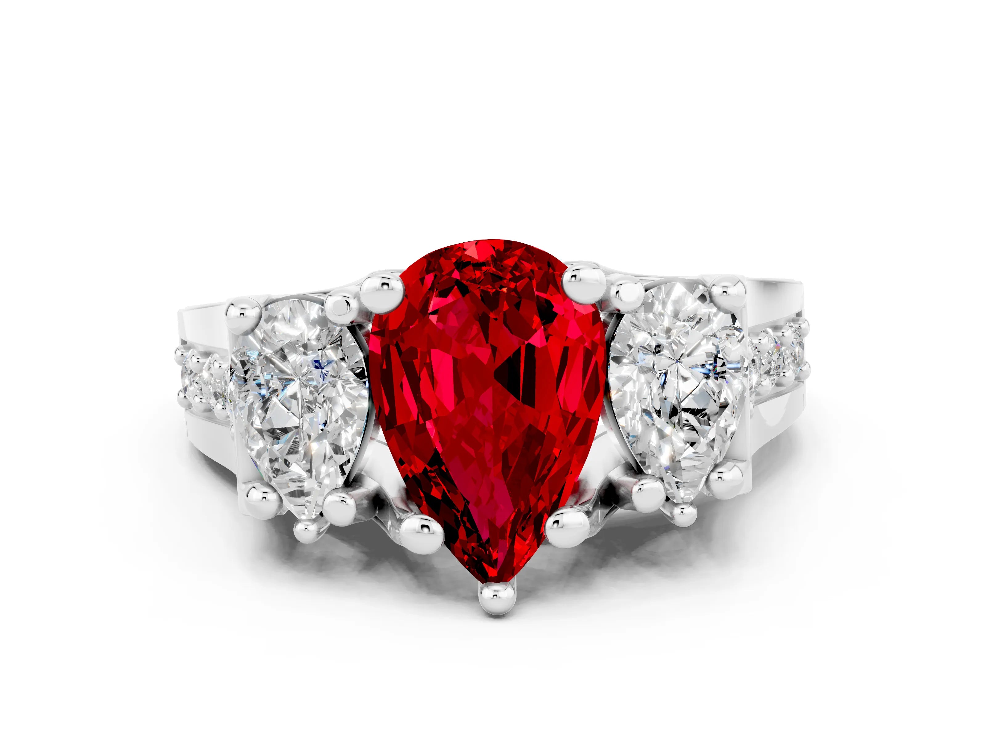 White gold Pear Cut Ruby Three-Stone Ring with Channel Set Band and Four-Prong Setting