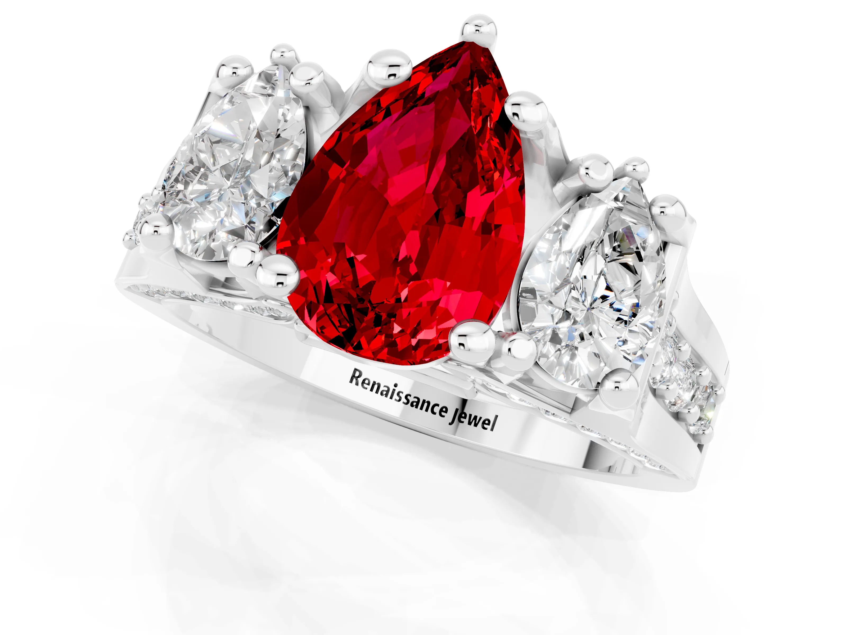 White gold Pear Cut Ruby Three-Stone Ring with Channel Set Band and Four-Prong Setting_1