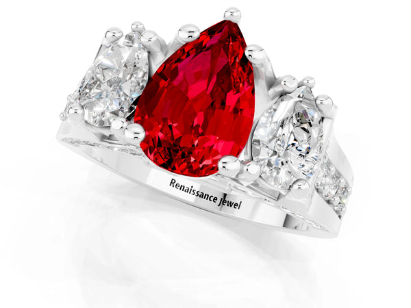 Silver Pear Cut Ruby Three-Stone Ring with Channel Set Band and Four-Prong Setting
