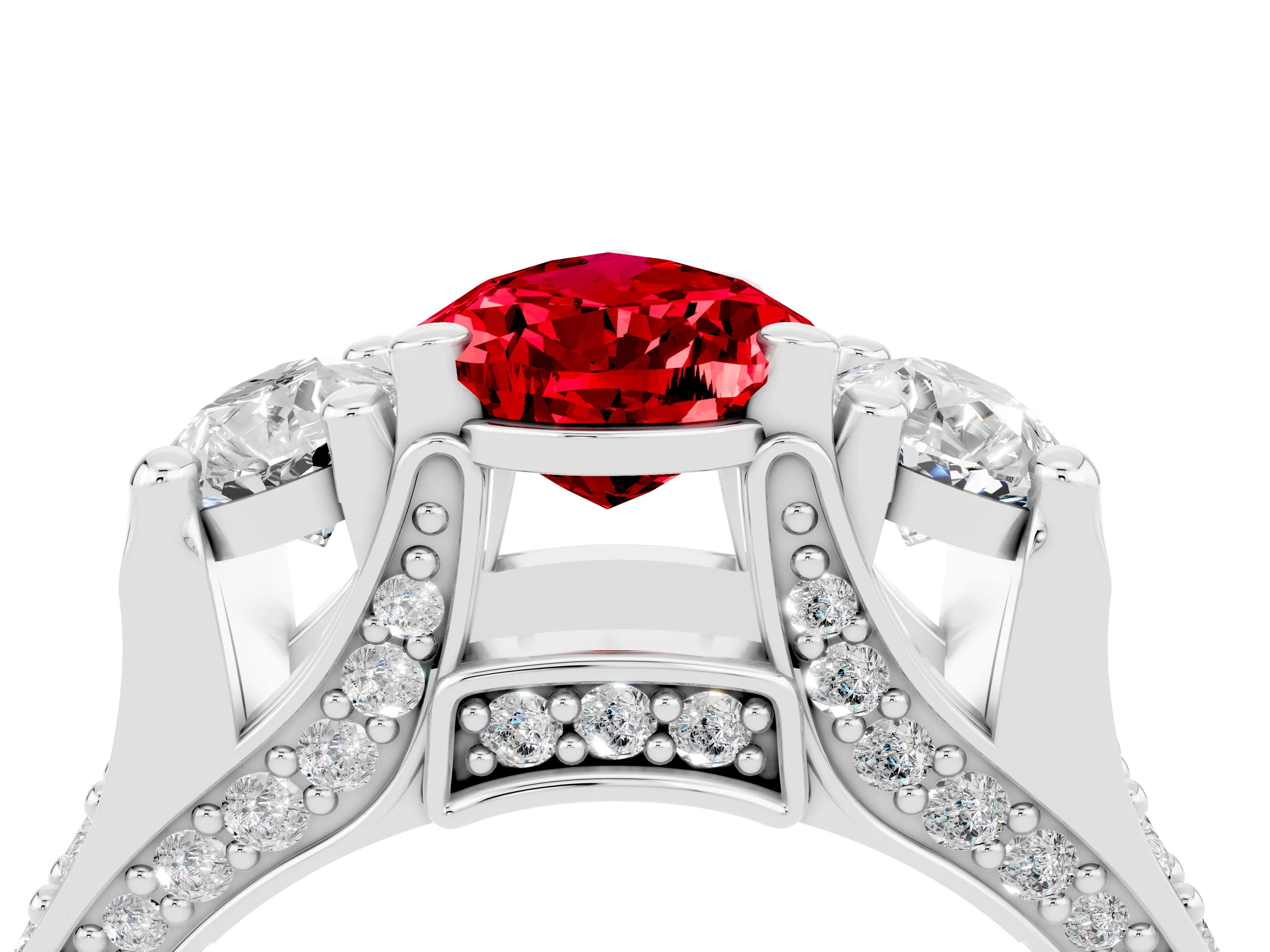 White gold Pear Cut Ruby Three-Stone Ring with Channel Set Band and Four-Prong Setting_4