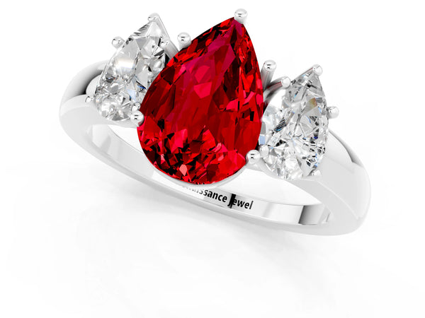 Platinum Pear Cut Ruby Three-Stone Ring with Four-Prong Setting and Classic Band