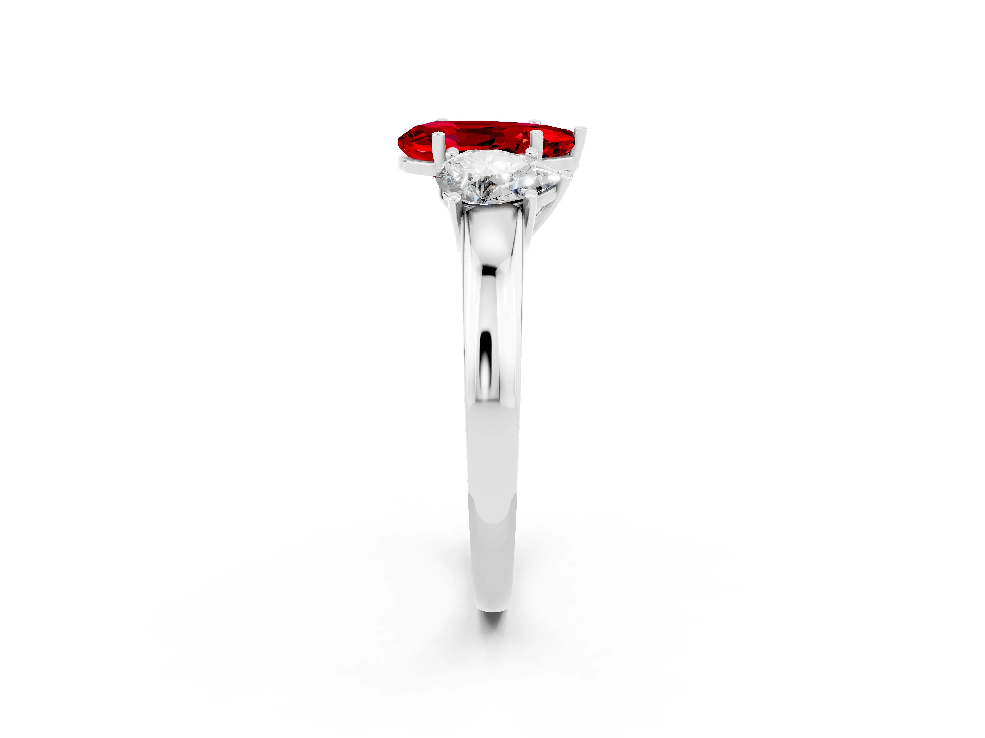 White gold Pear Cut Ruby Three-Stone Ring with Four-Prong Setting and Classic Band_2