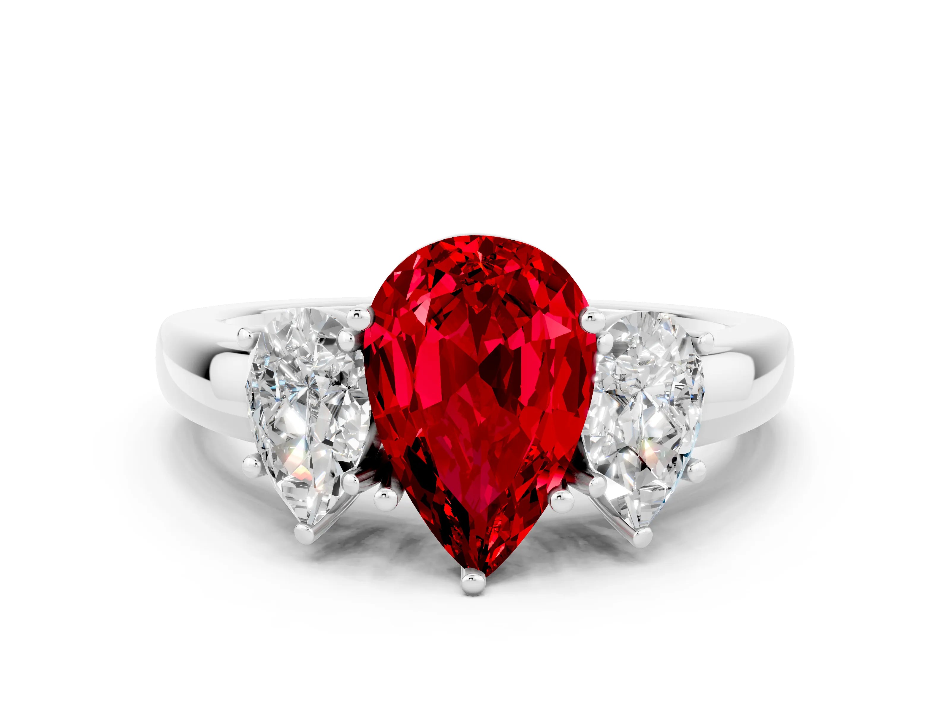 White gold Pear Cut Ruby Three-Stone Ring with Four-Prong Setting and Classic Band