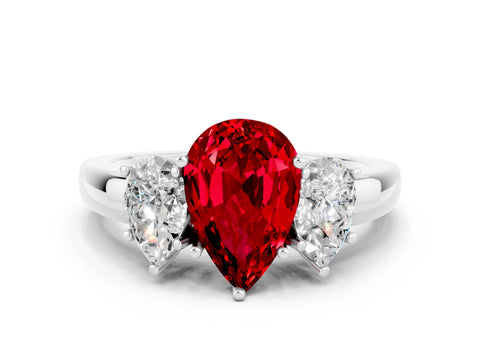 White gold Pear Cut Ruby Three-Stone Ring with Four-Prong Setting and Classic Band