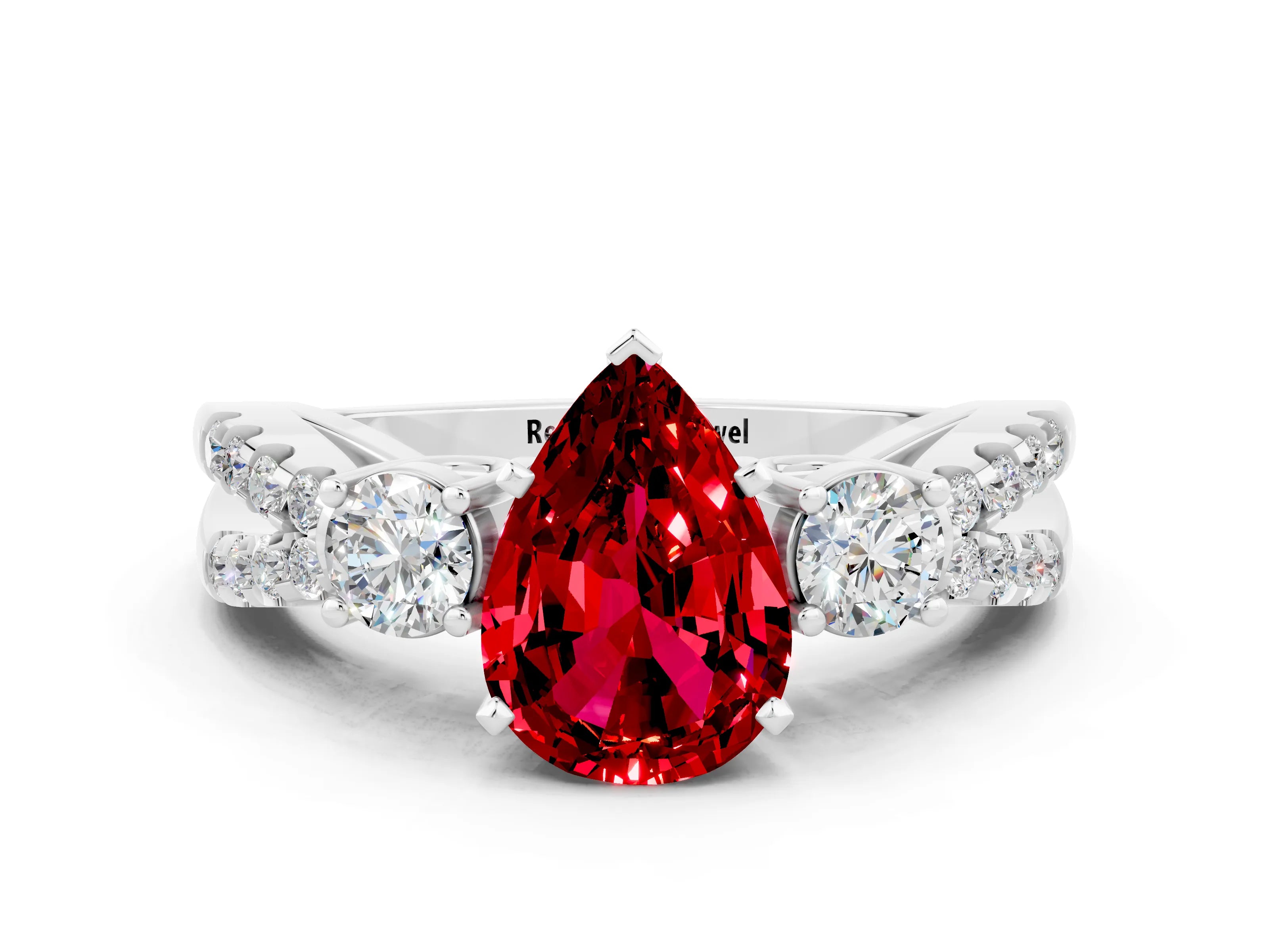 White gold Pear Cut Ruby Three-Stone Ring with Pavé Split Shank and Four-Prong Setting_12
