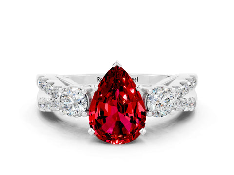White gold Pear Cut Ruby Three-Stone Ring with Pavé Split Shank and Four-Prong Setting_12