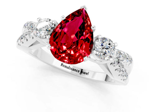 White gold Pear Cut Ruby Three-Stone Ring with Pavé Split Shank and Four-Prong Setting_13