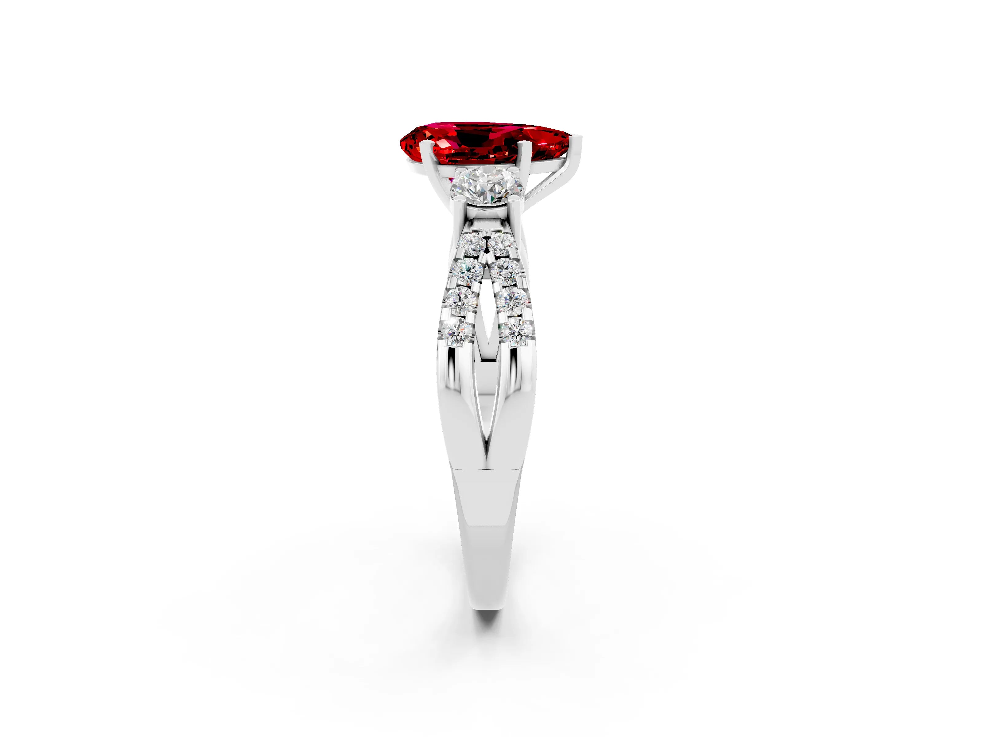 White gold Pear Cut Ruby Three-Stone Ring with Pavé Split Shank and Four-Prong Setting_14