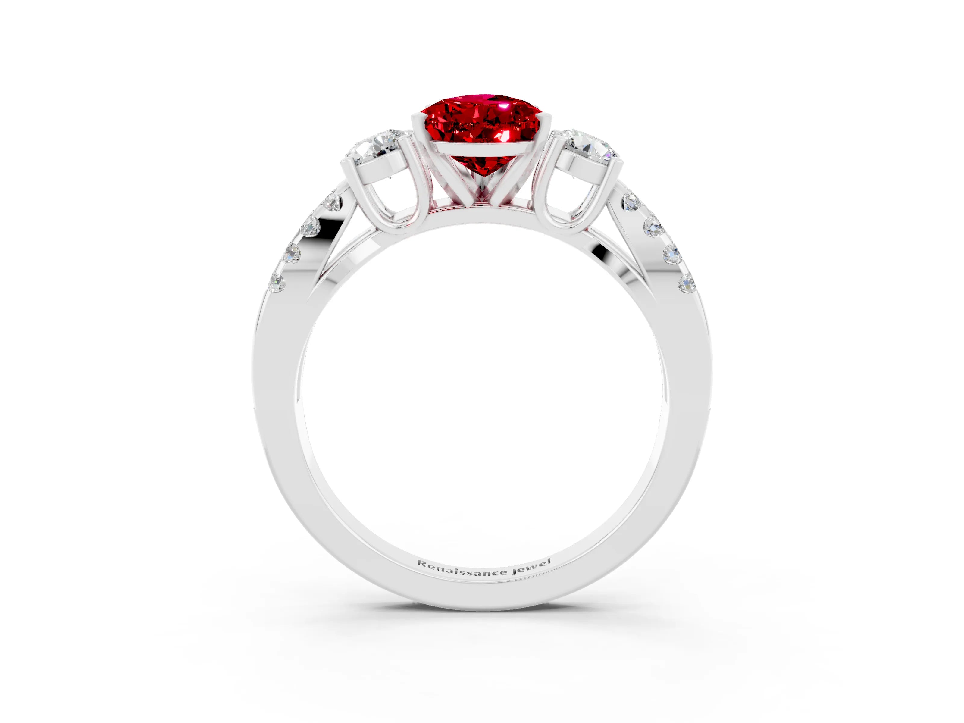 White gold Pear Cut Ruby Three-Stone Ring with Pavé Split Shank and Four-Prong Setting_15